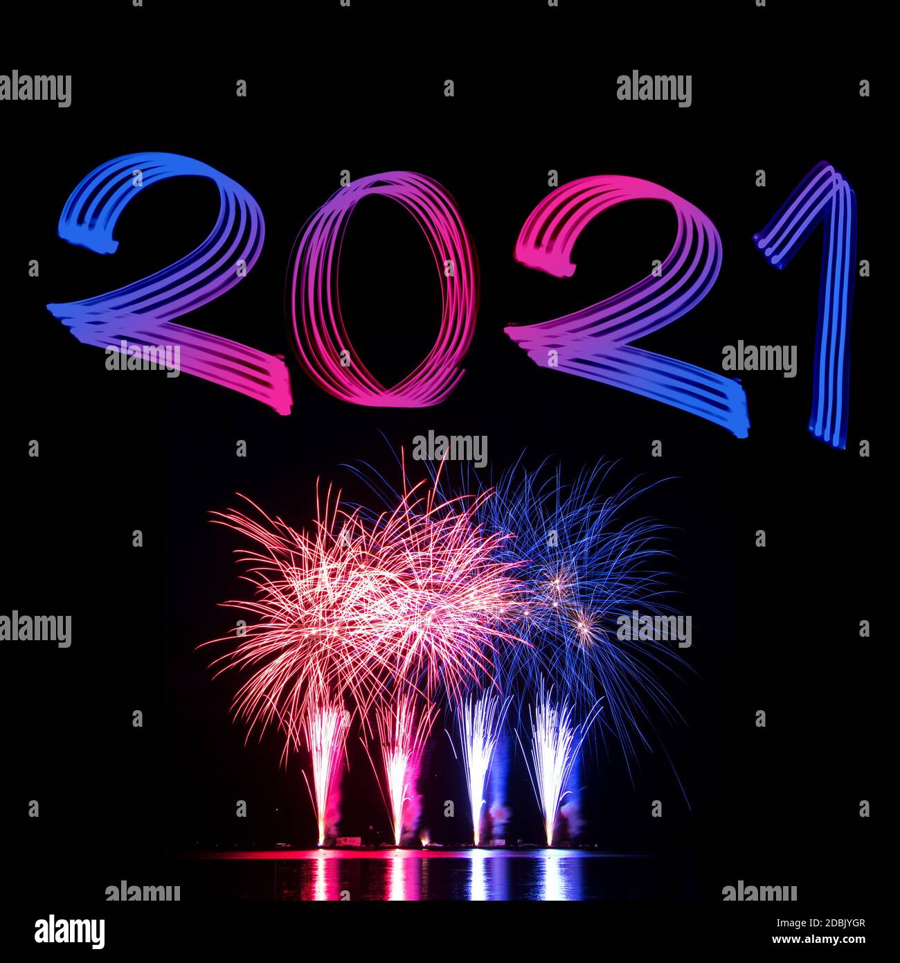 2021 Happy New Year Fireworks Display Stock Photo
