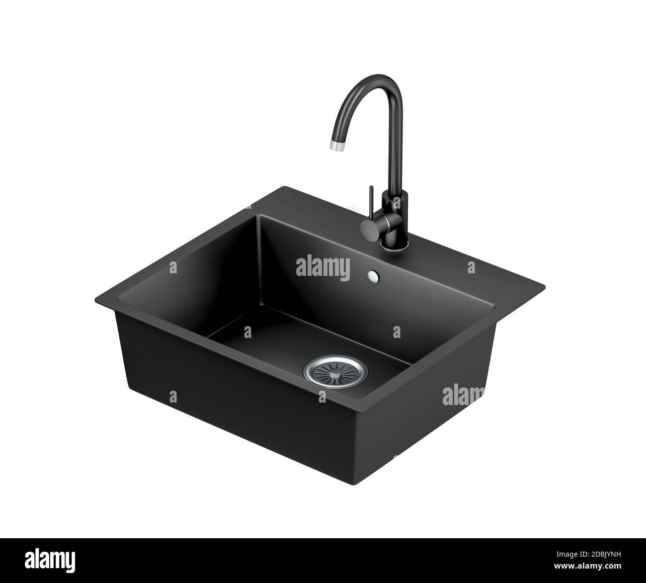 Black quartz kitchen sink and faucet isolated on white background Stock