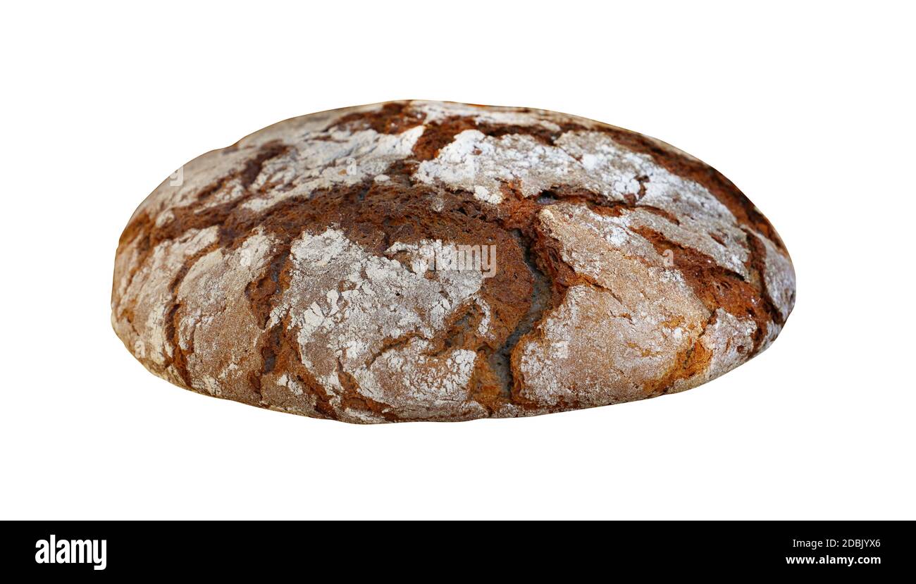 Close up one whole round loaf of fresh artisan brown rye bread isolated ...