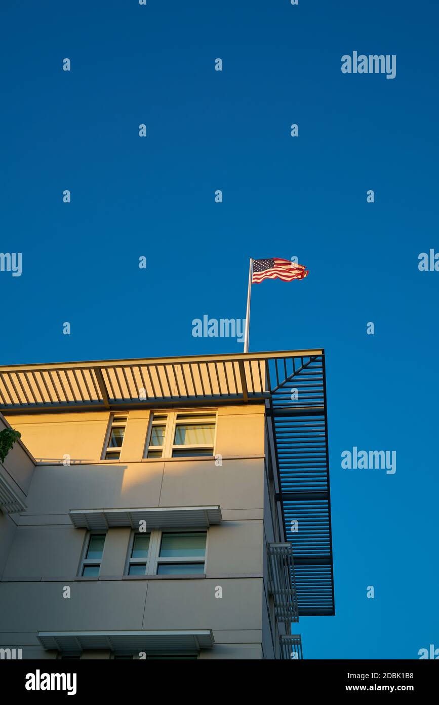 Flag on the roof of the American Embassy in Berlin Stock Photo