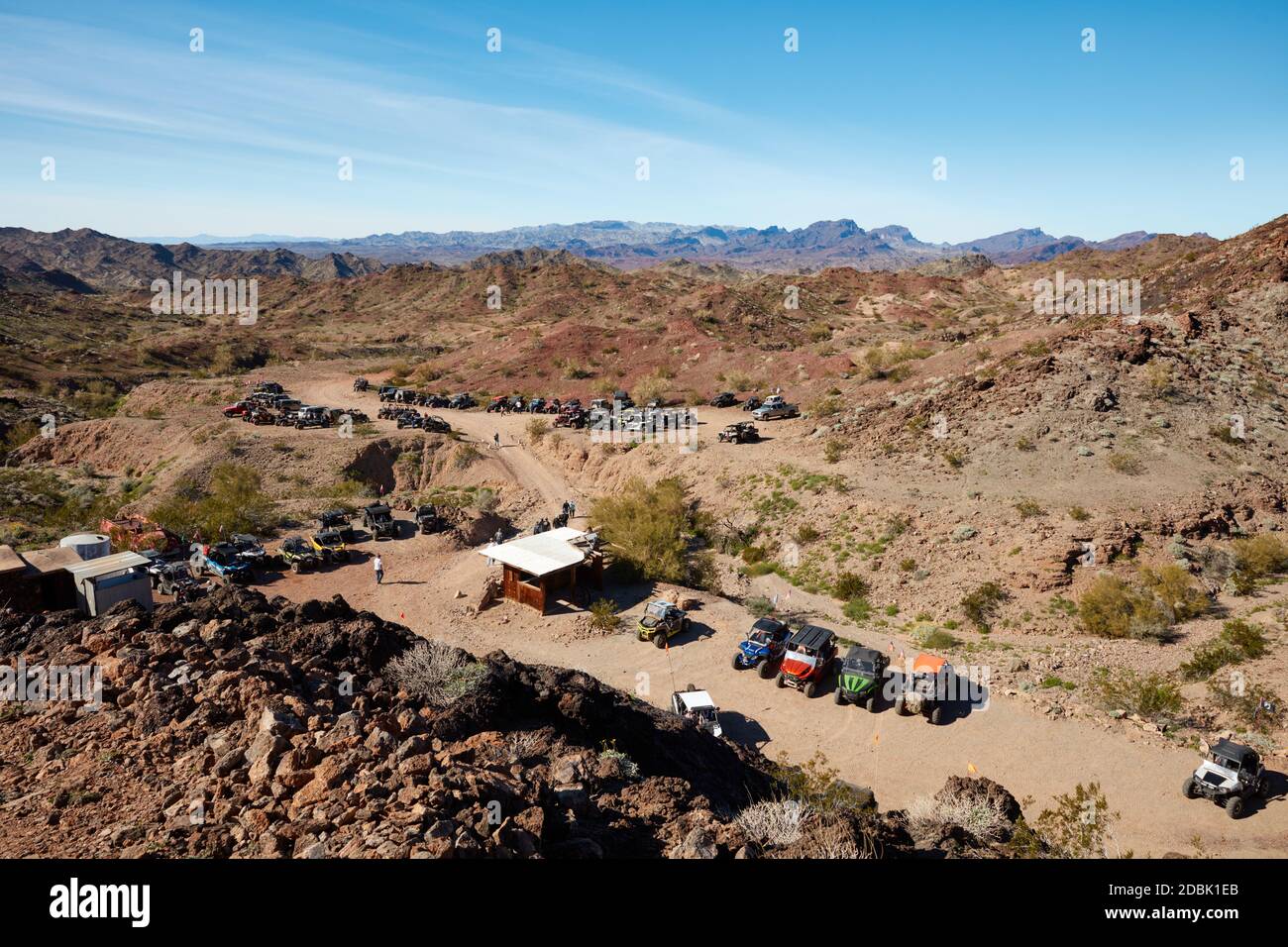 Off road vehicles parked at the Nellie E Saloon, also known as the Desert Bar, in Parker, Arizona Stock Photo