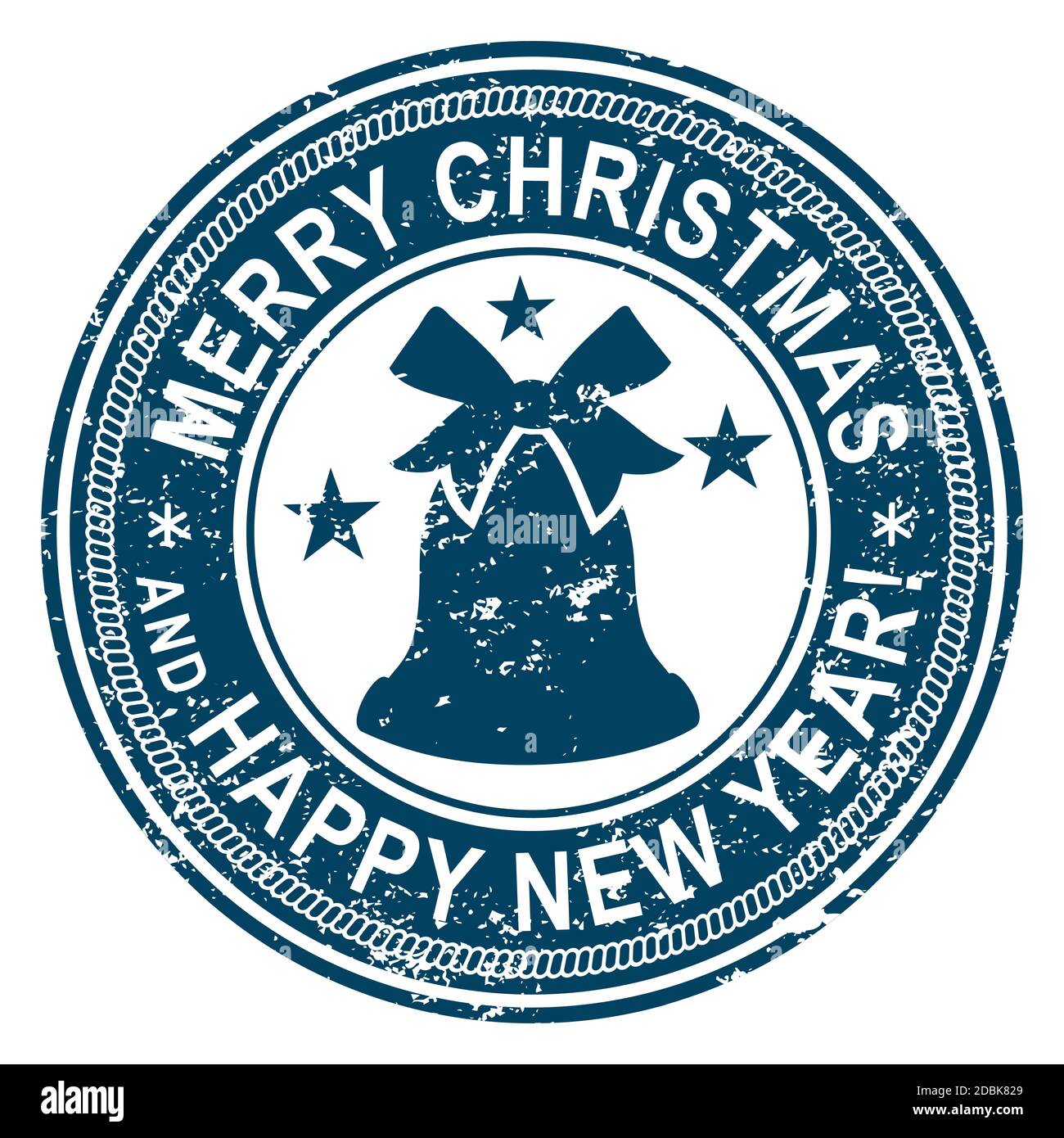 Christmas Stamp on white background. Grunge surface. Christmas bell in center cricle. Merry Christmas and Happy New Year inscription Stock Vector