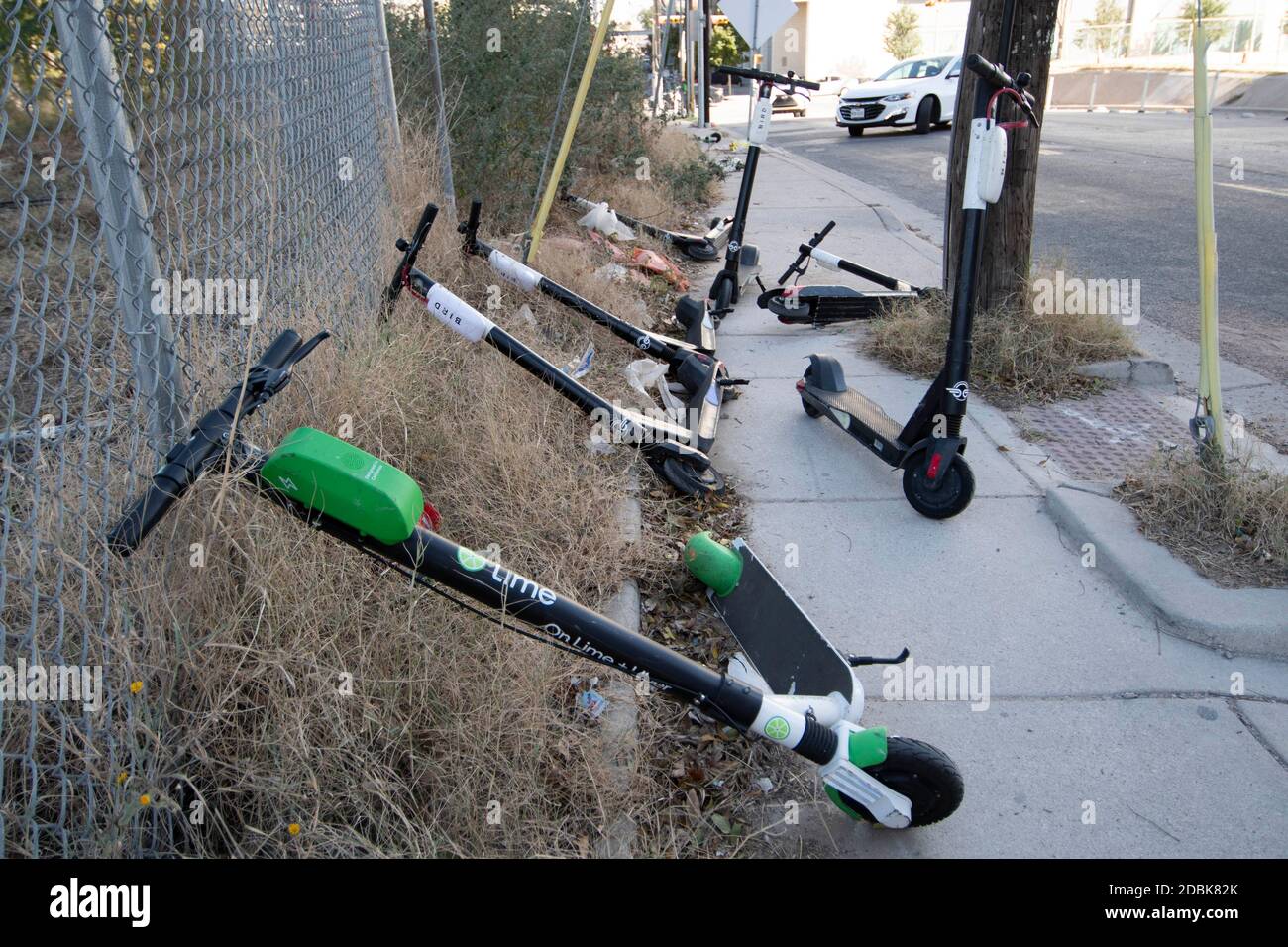 Scooters litter the corners of East Cesar Chavez and Red River Street