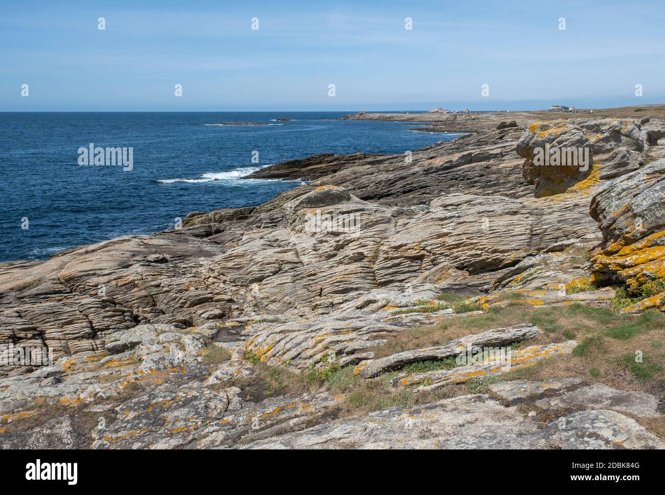 The rugged coastline and rocks at The Cote Sauvage on The Quiberon Peninsula, Brittany, France. Stock Photo