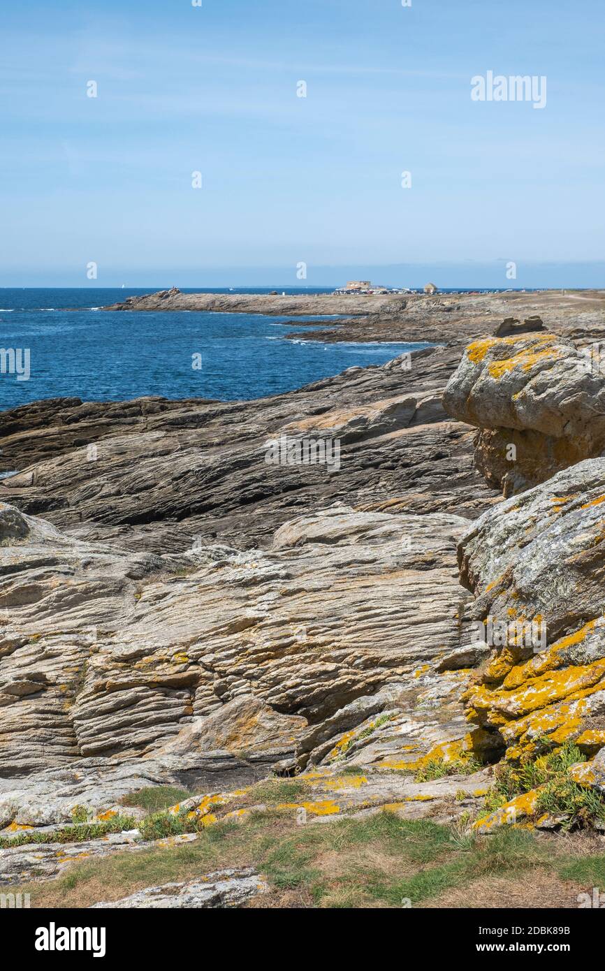 The rugged coastline and rocks at The Cote Sauvage on The Quiberon Peninsula, Brittany, France. Stock Photo