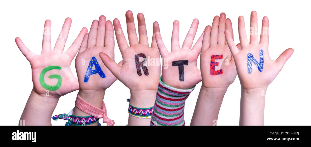 Children Hands Building Colorful German Word Garten Means Garden. White
