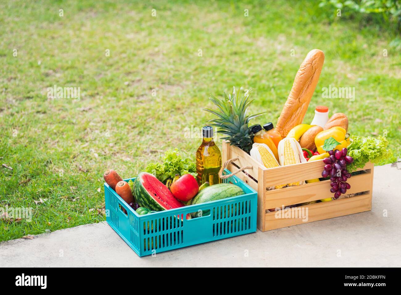 Full fresh vegetables and fruits in crate wood box, harvest organic ...