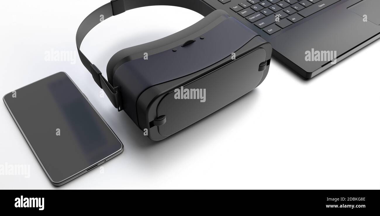 VR equipment. Virtual reality headset, mobile phone and computer laptop