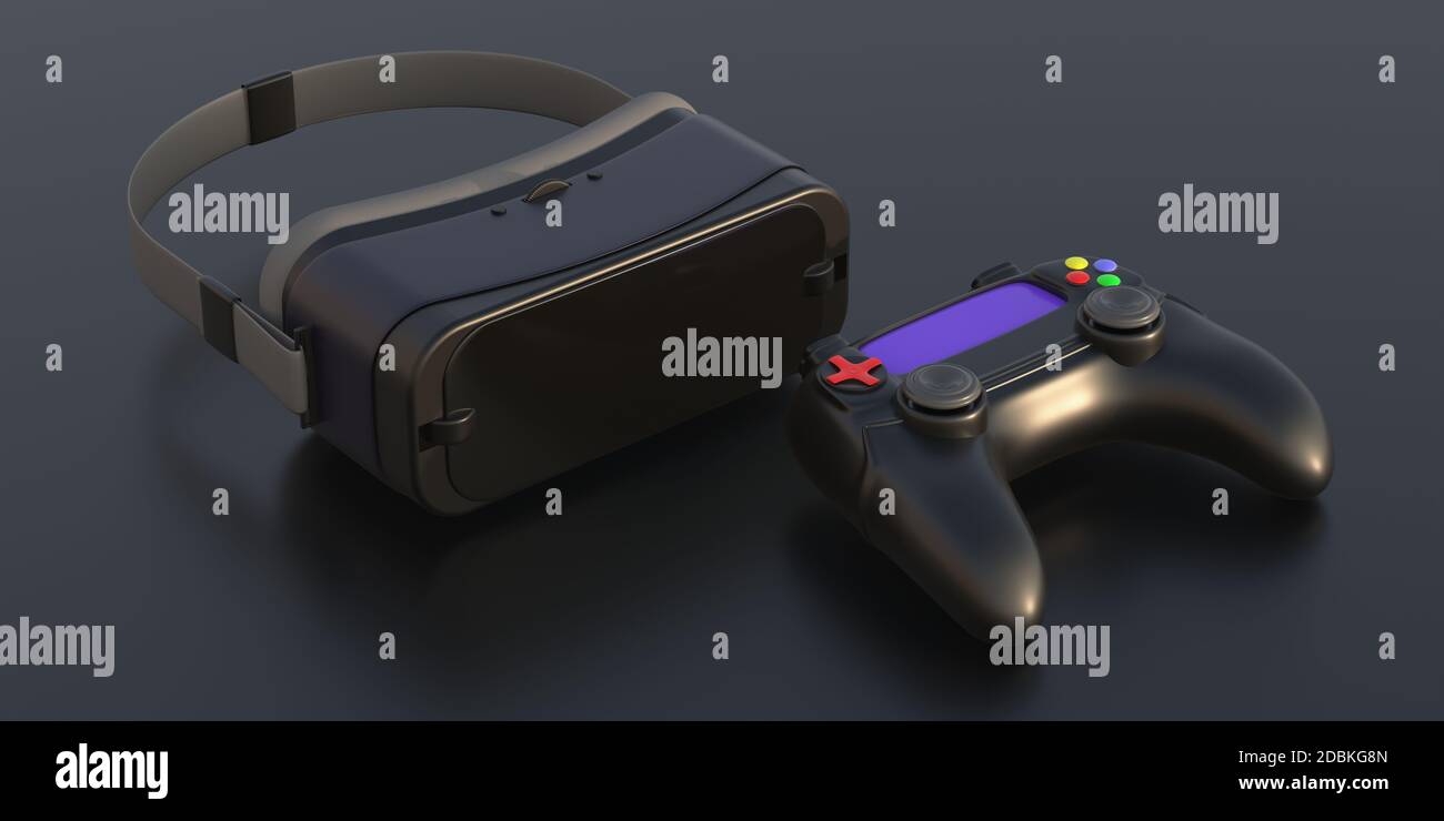 VR equipment, Virtual reality glasses and video game controller gamepad on  black background. Gaming, entertainment, future technology device. 3d illus  Stock Photo - Alamy