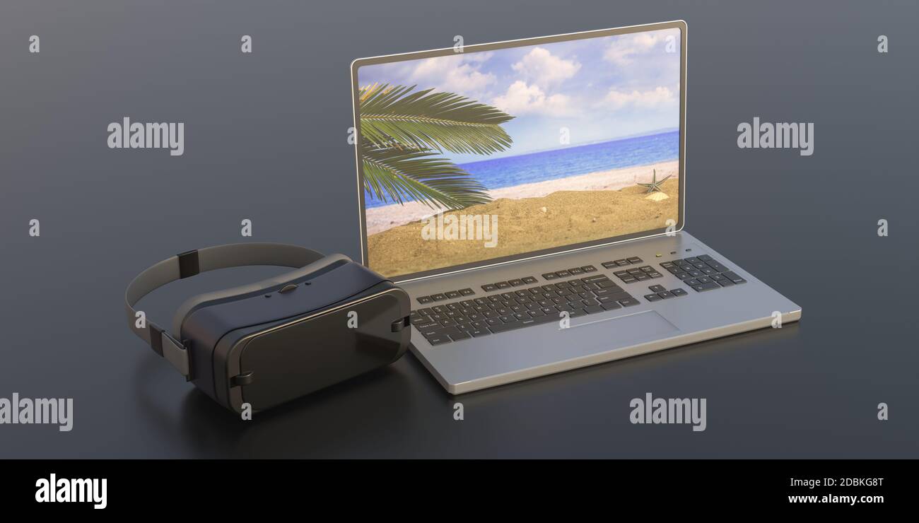 VR equipment. Virtual reality glasses and computer laptop black