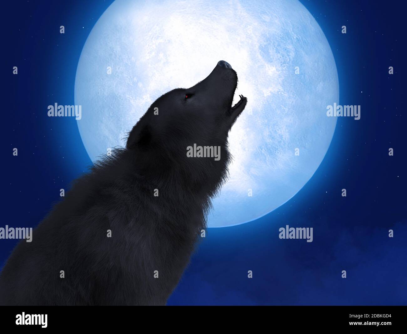 3D rendering of a black wolf or werewolf with glowing red eyes howling at the big moon. Stars in the night sky, fog on the ground. Stock Photo