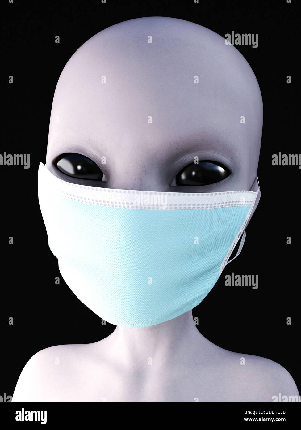 Portrait of a gray alien wearing face mask, 3D rendering. Black ...