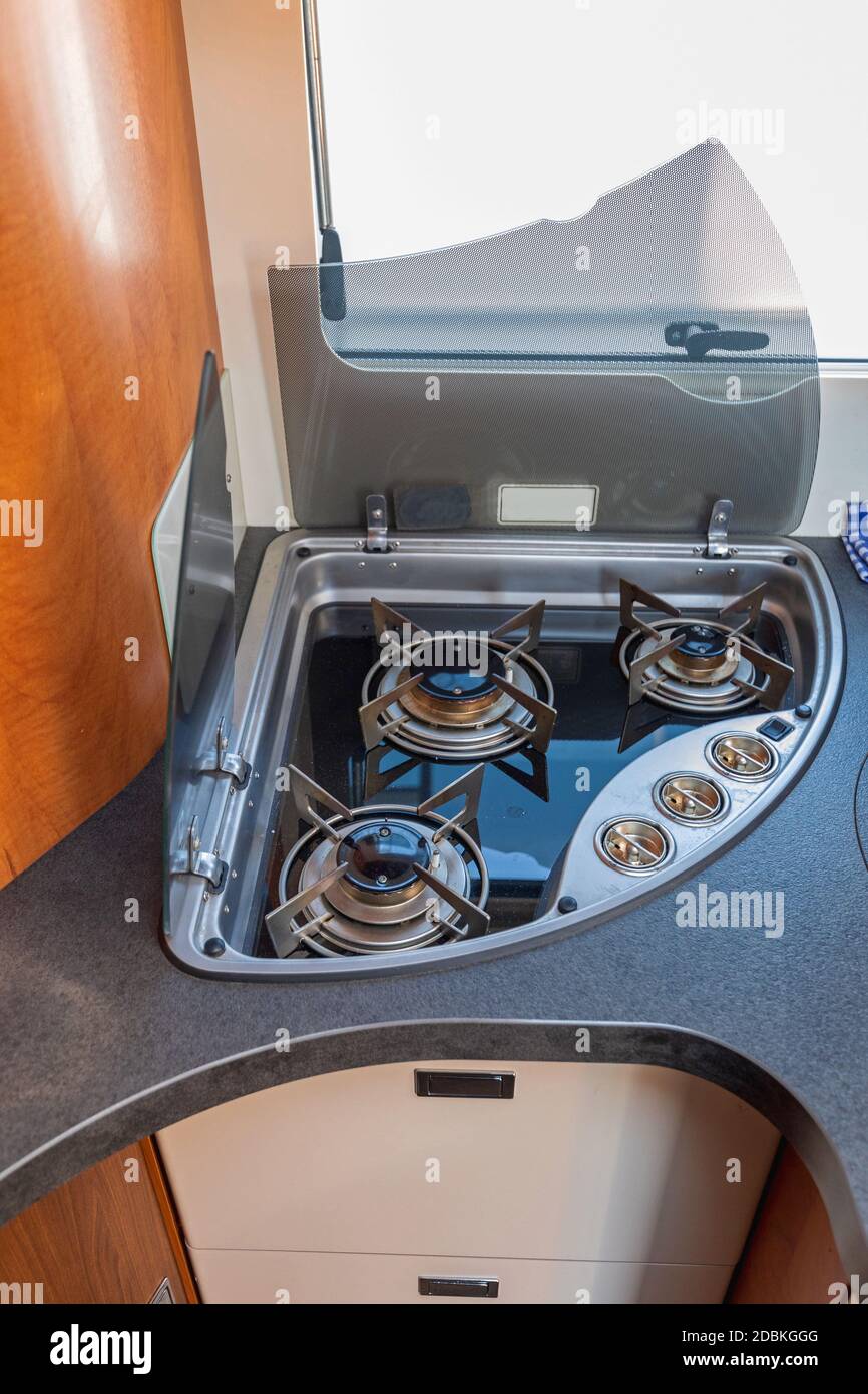 Three Gas Burners Stove in Kitchen Camper Van Stock Photo Alamy