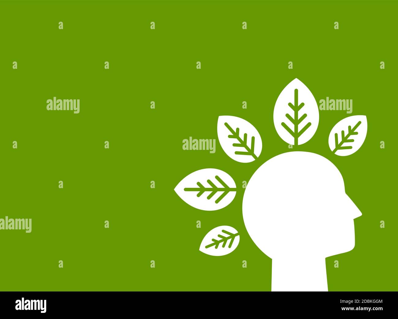 Green eco poster or placard. Human head with leaves. Ecology, eco friendly, ethic business, environment, organic, Earth Day placard. Go green concept. Stock Vector