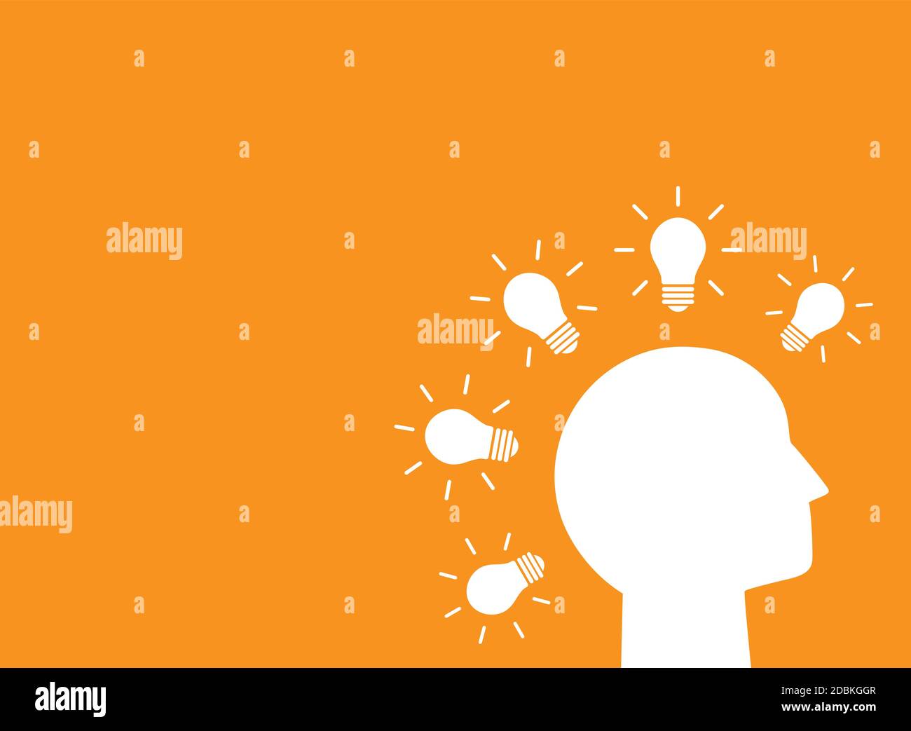 Orange poster with head and shining bulbs. Brain storm, ideas, solution