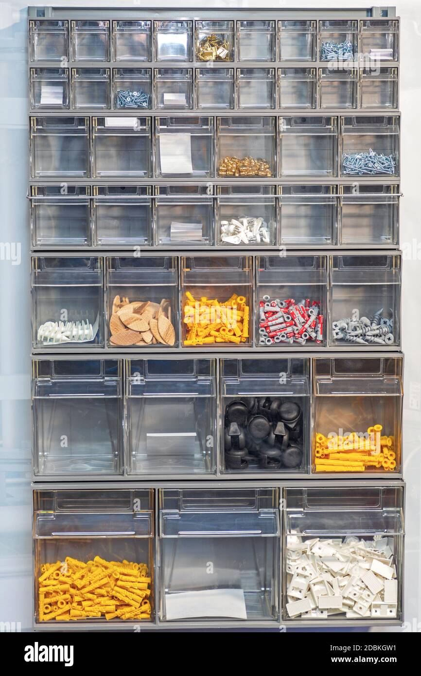 Platic Shelf Rack for Small Parts at Wall Storage Stock Photo - Alamy