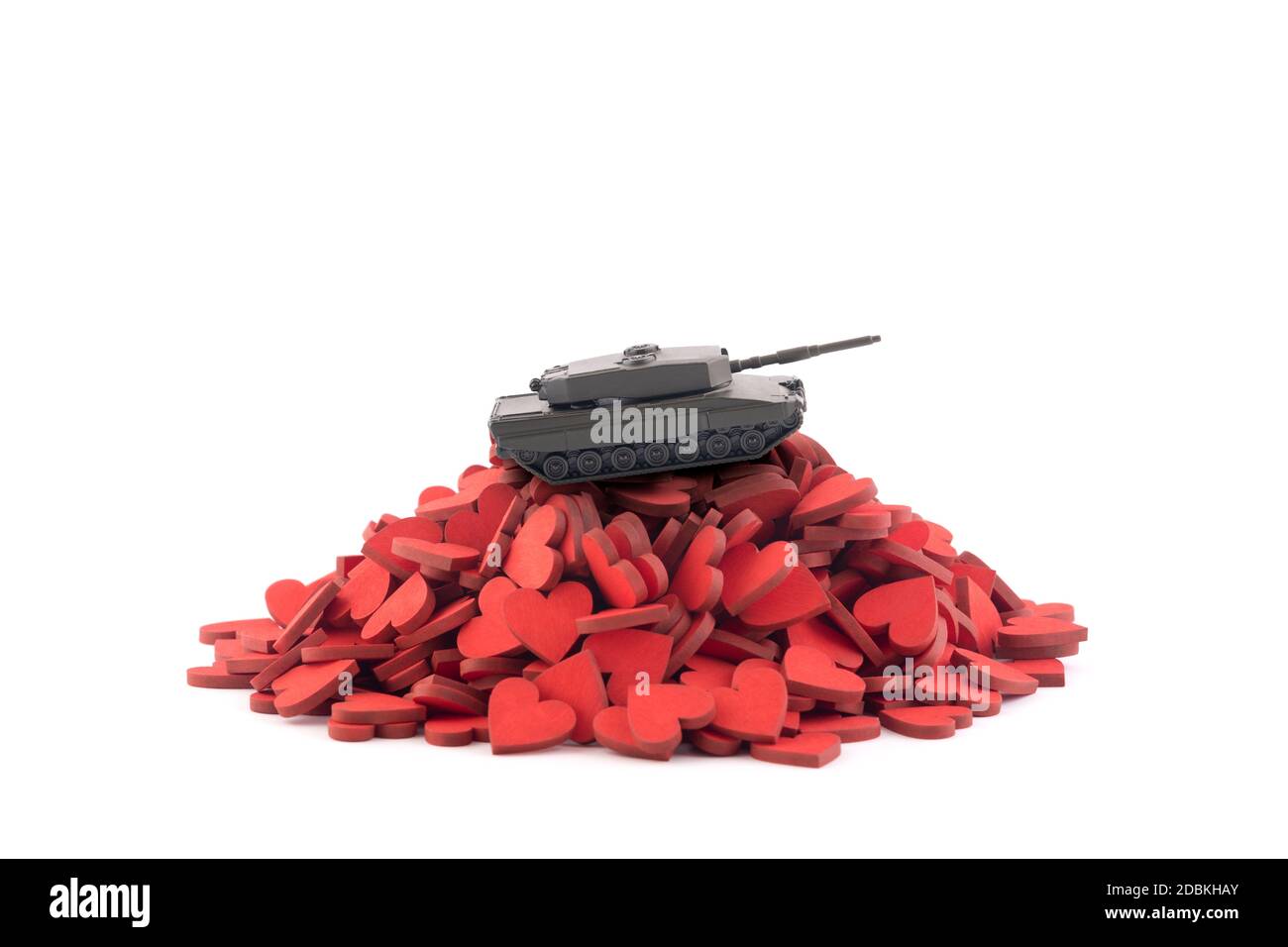Tank on pile of hearts isolated on white background Stock Photo