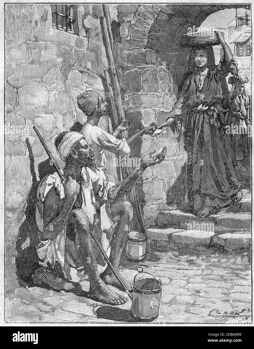 Engraving of a beggars seeking money in the streets of an ancient city Stock Photo