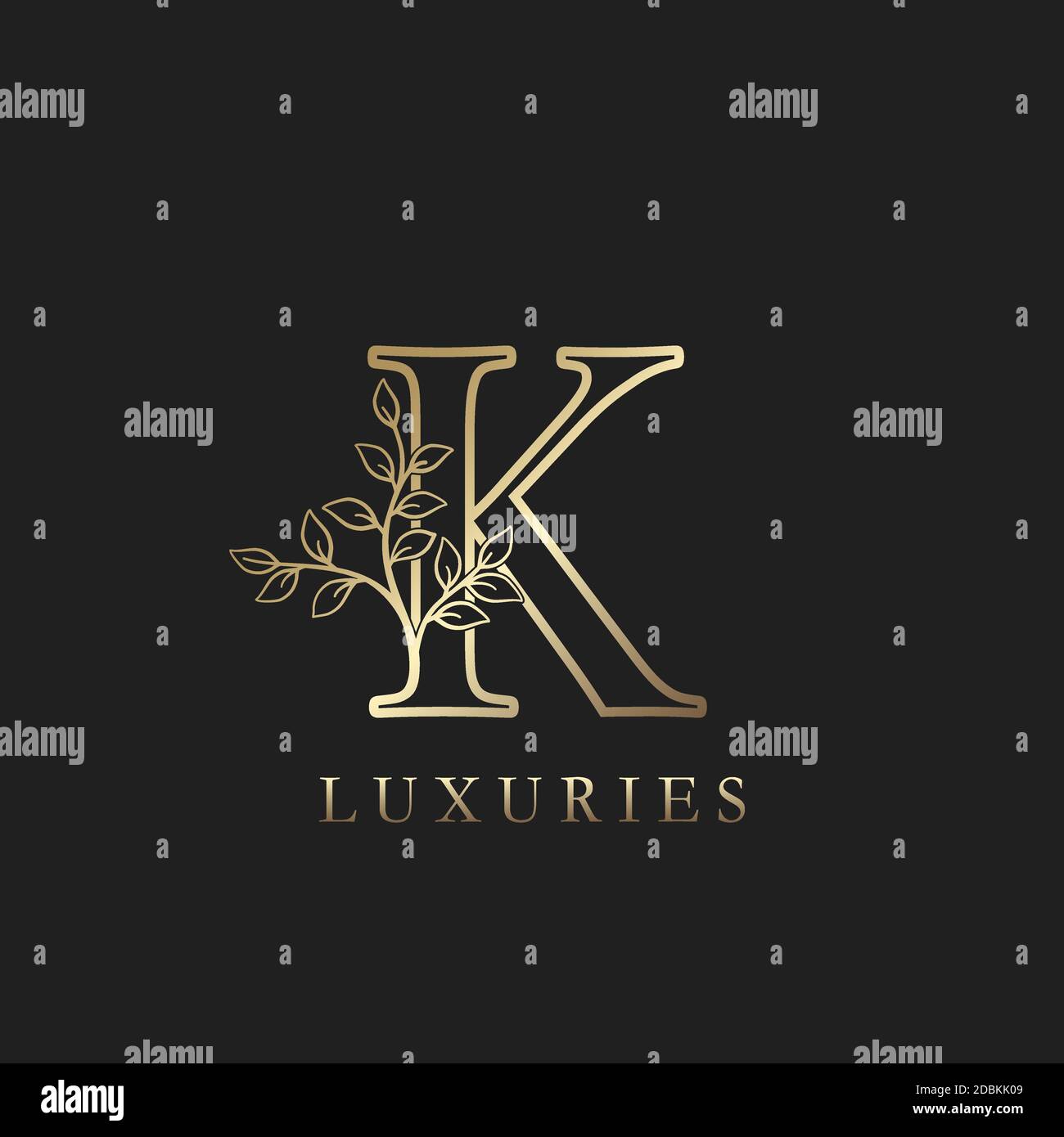 Gold luxury Floral Leaf Initial Letter K Logo Concept Outline Monogram ...