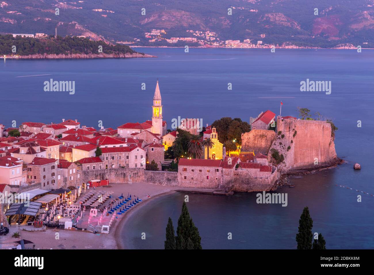 Aerial view of Saint Ivan and Holy Trinity churches in Old Town of Montenegrin town Budva on the Adriatic Sea at sunset, Montenegro Stock Photo