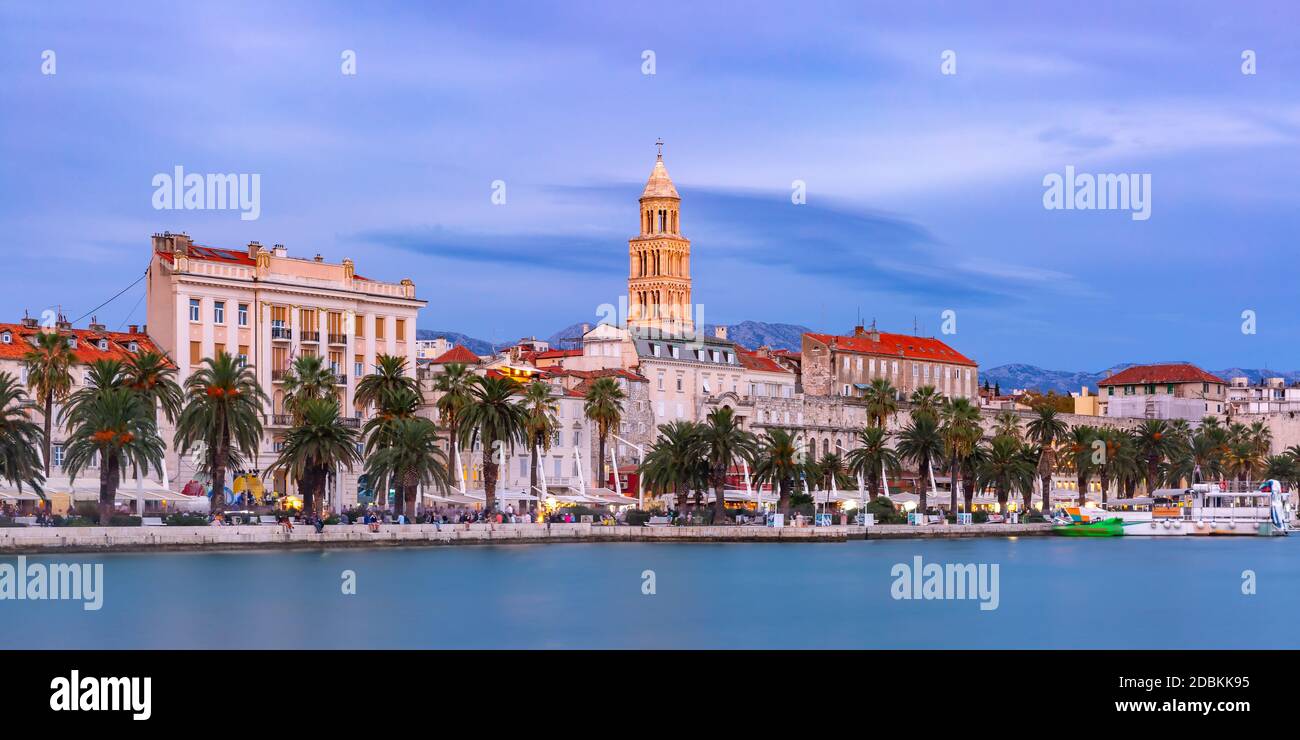 Panoramic view of famous Palace of the Emperor Diocletian and shore of Adriatic Sea in Split, the second largest city of Croatia at night Stock Photo