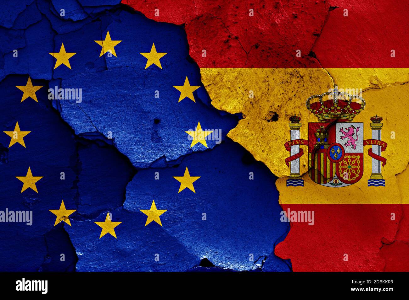 flags of EU and Spain painted on cracked wall Stock Photo - Alamy