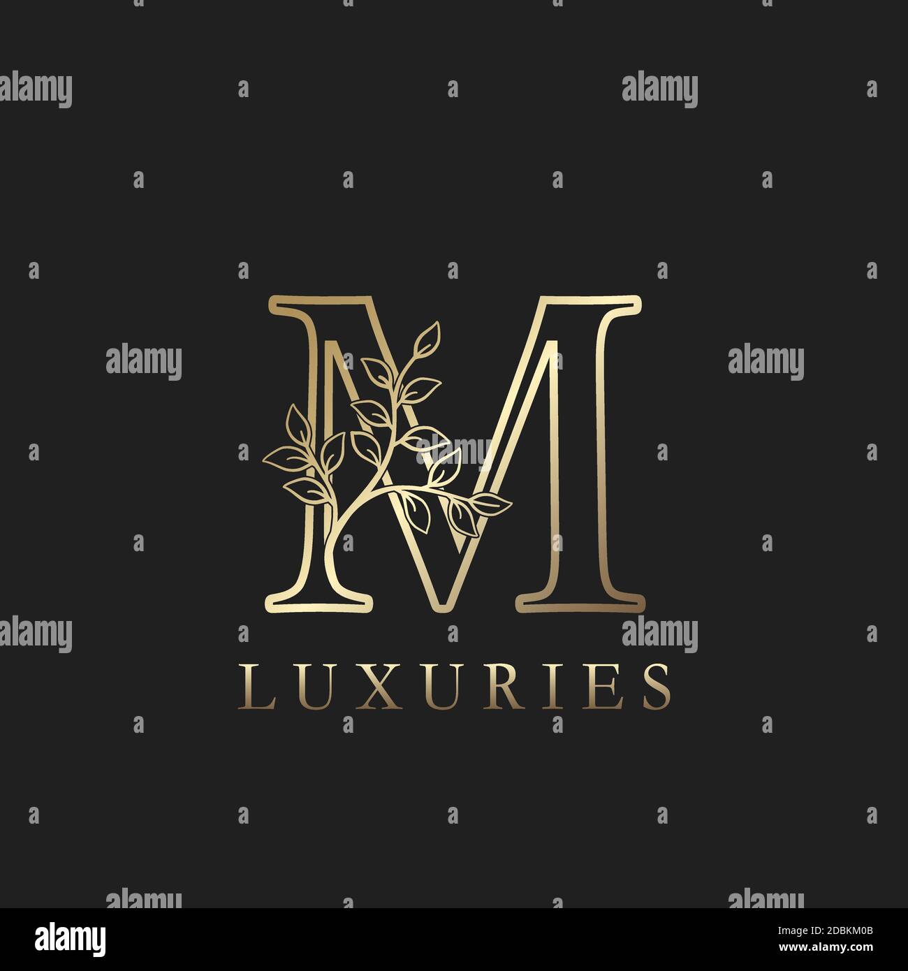 Gold luxury Floral Leaf Initial Letter M Logo Concept Outline Monogram ...