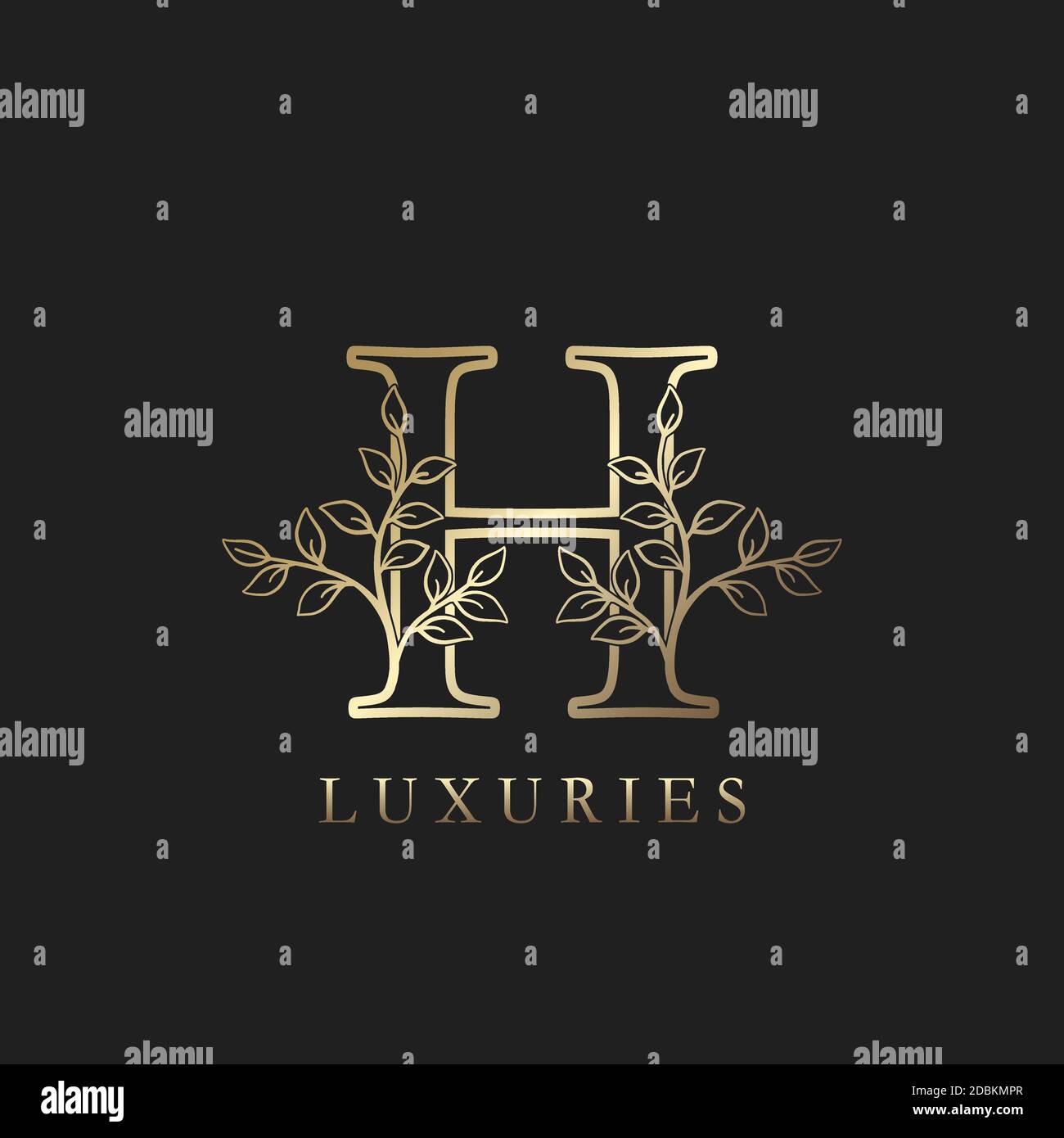 Gold luxury Floral Leaf Initial Letter H Logo Concept Outline Monogram ...