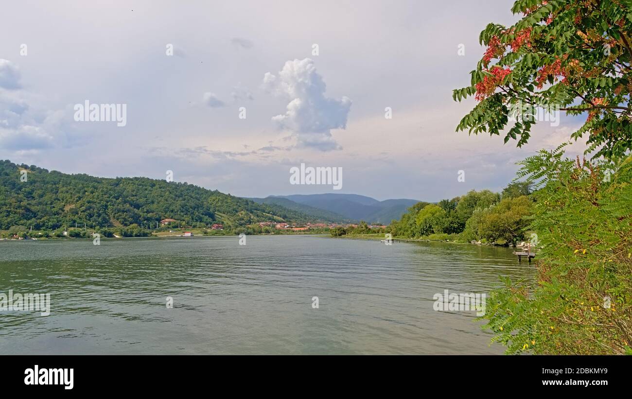 Romanian landscape with river Danube and mountains Stock Photo - Alamy