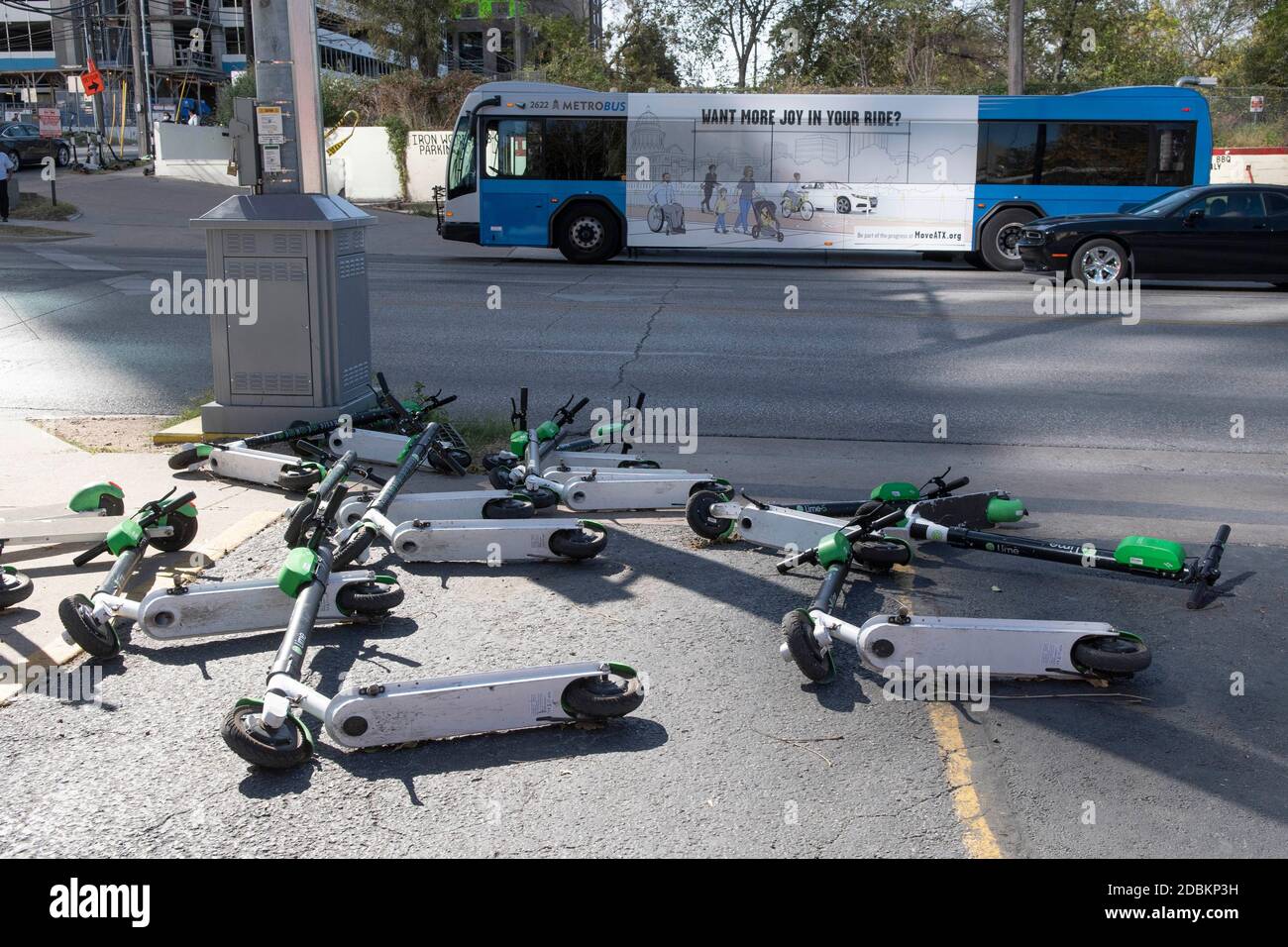 Austin, Texas, USA. 15th Nov, 2020. Electric scooters litter the
