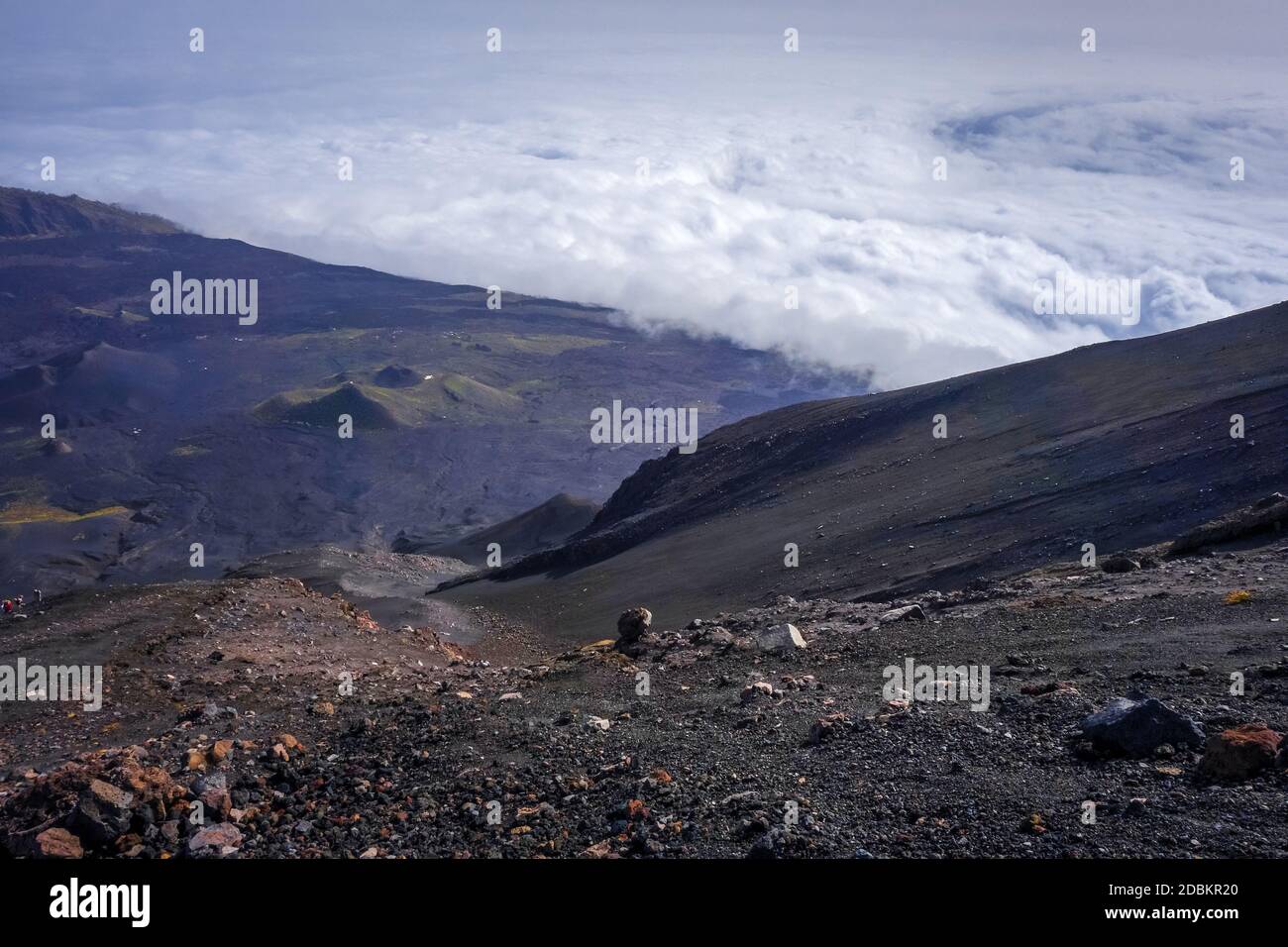 Cha das Caldeiras over the clouds view from Pico do Fogo in Cape Verde ...