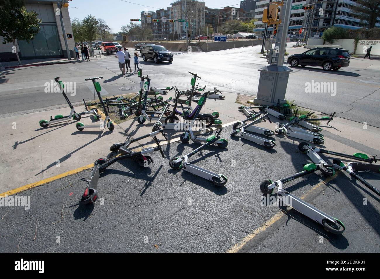 Austin, Texas, USA. 15th Nov, 2020. Electric scooters litter the