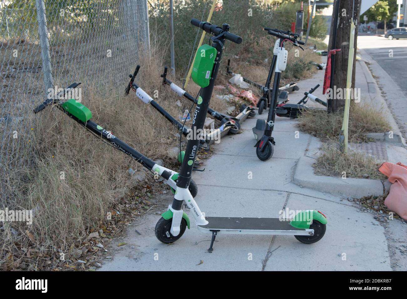 Austin, Texas, USA. 15th Nov, 2020. Electric scooters litter the