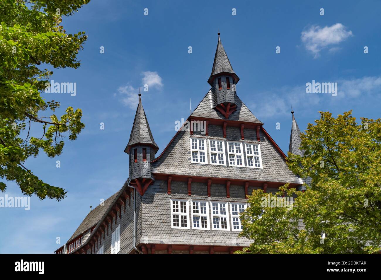 town hall, fritzlar, small town, historic, tradition, town, germany, north hesse, building, sky, clouds, summer, imposing, slate, stone house, towers, Stock Photo