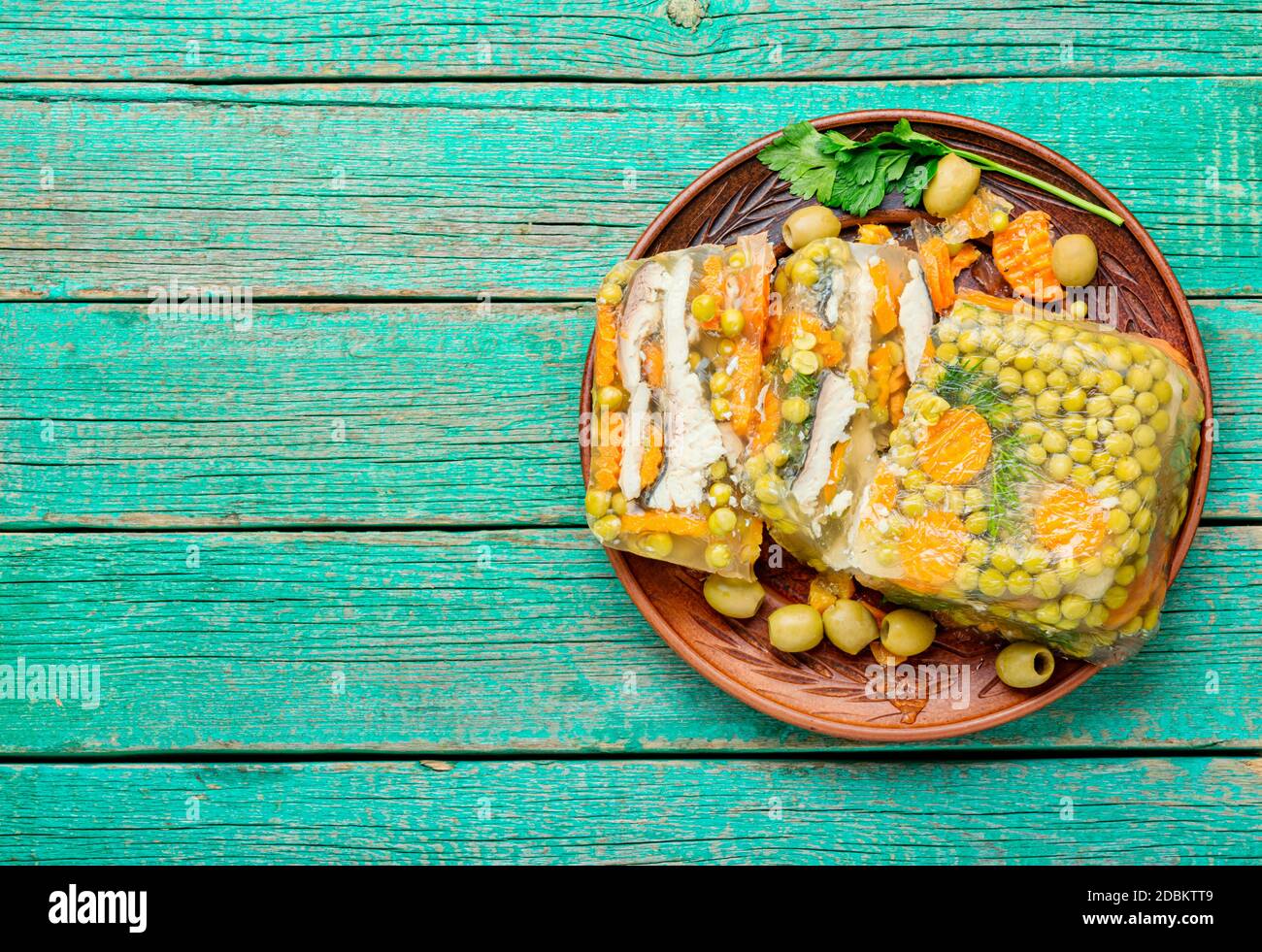 Jellied, cold dish of fish, filled with gelatinous broth.Russian national cuisine Stock Photo