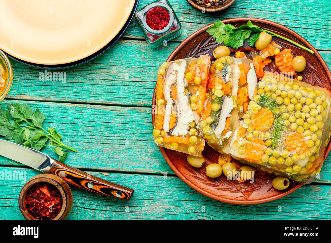 Jellied, cold dish of fish, filled with gelatinous broth.Russian national cuisine Stock Photo