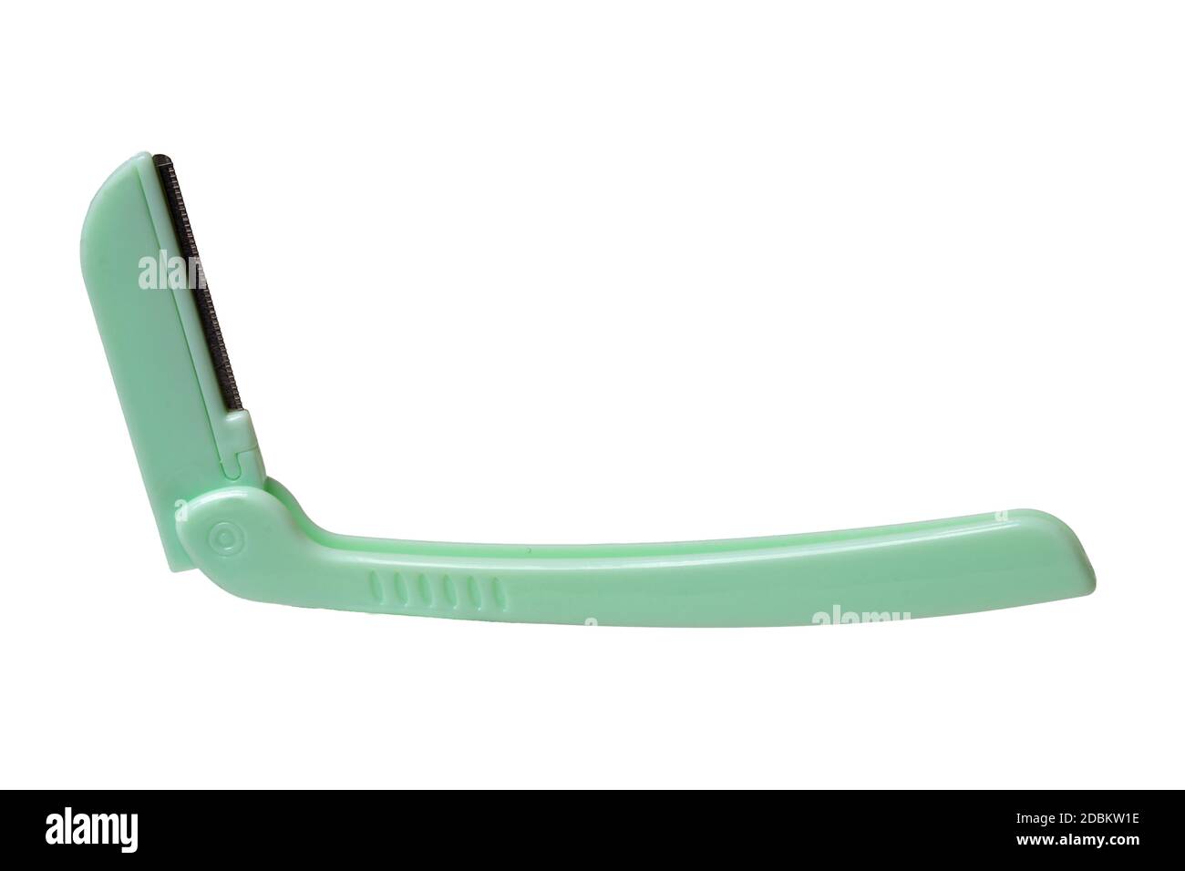 Cosmetic tools. Close-up of a green eyebrow razor isolated on a white ...