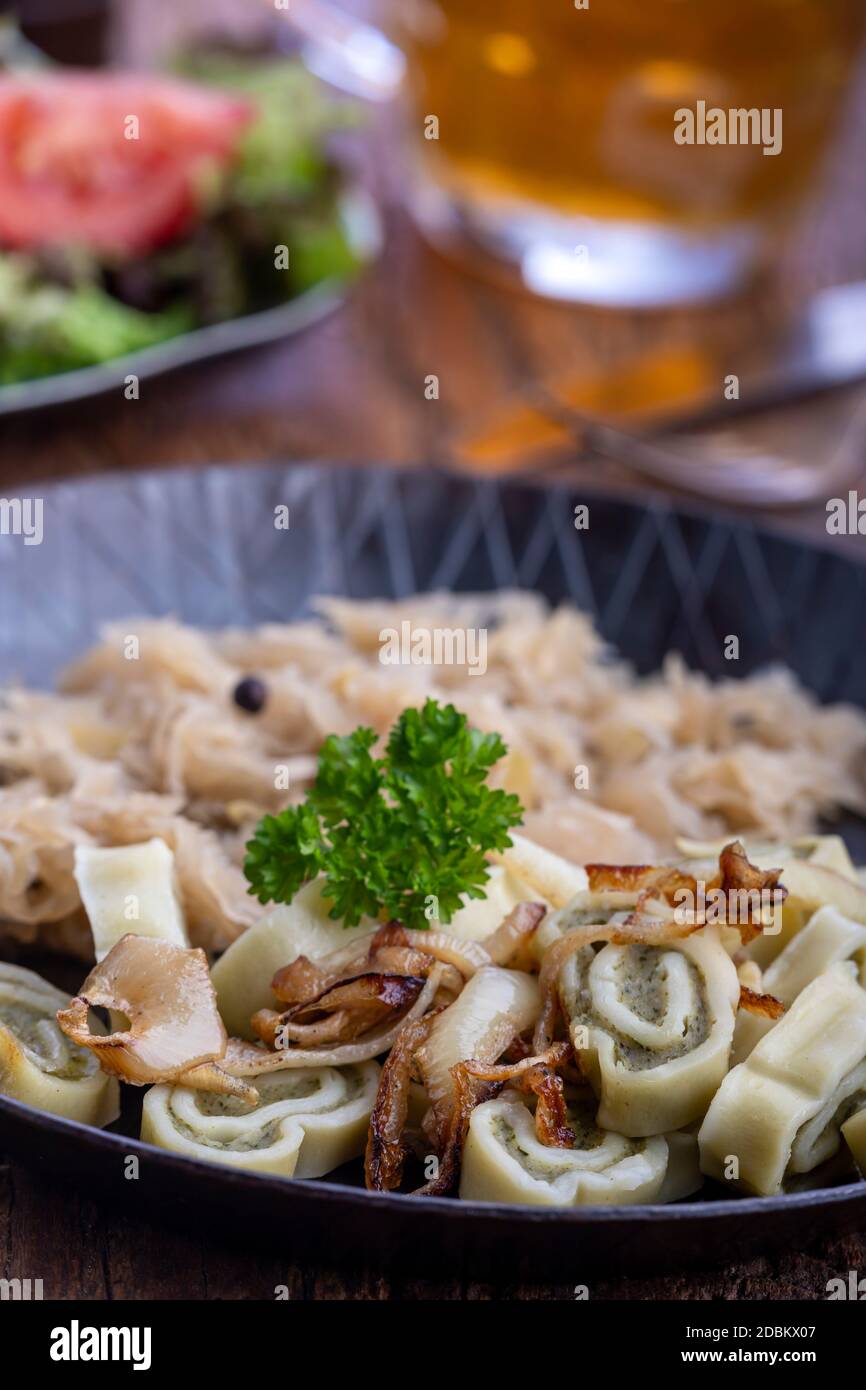 bavarian maultaschen pasta in a pan Stock Photo