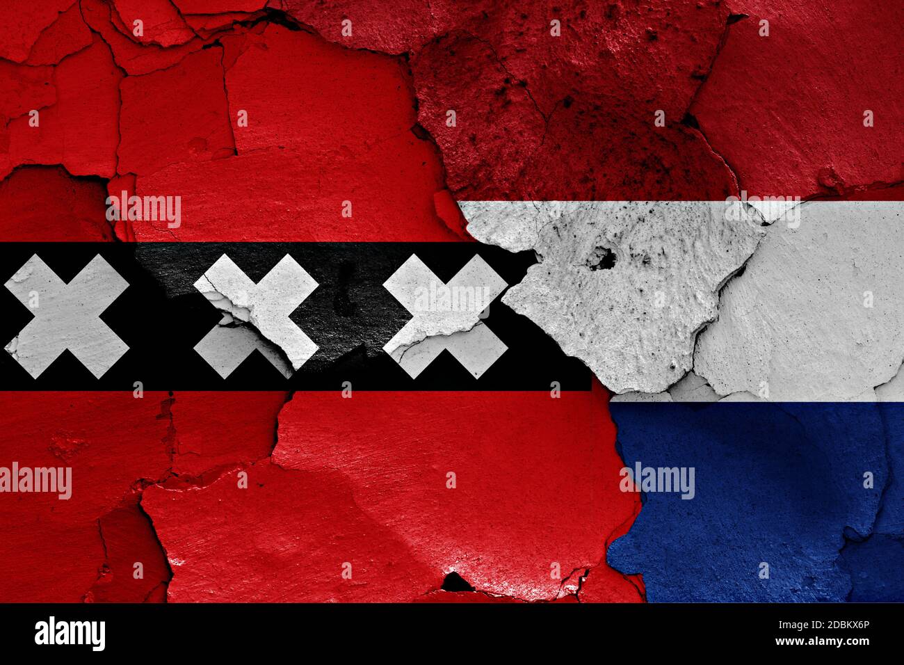 flags of Amsterdam and Netherlands painted on cracked wall Stock Photo ...