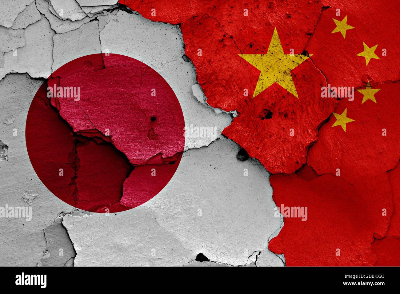flags of Japan and China painted on cracked wall Stock Photo Alamy