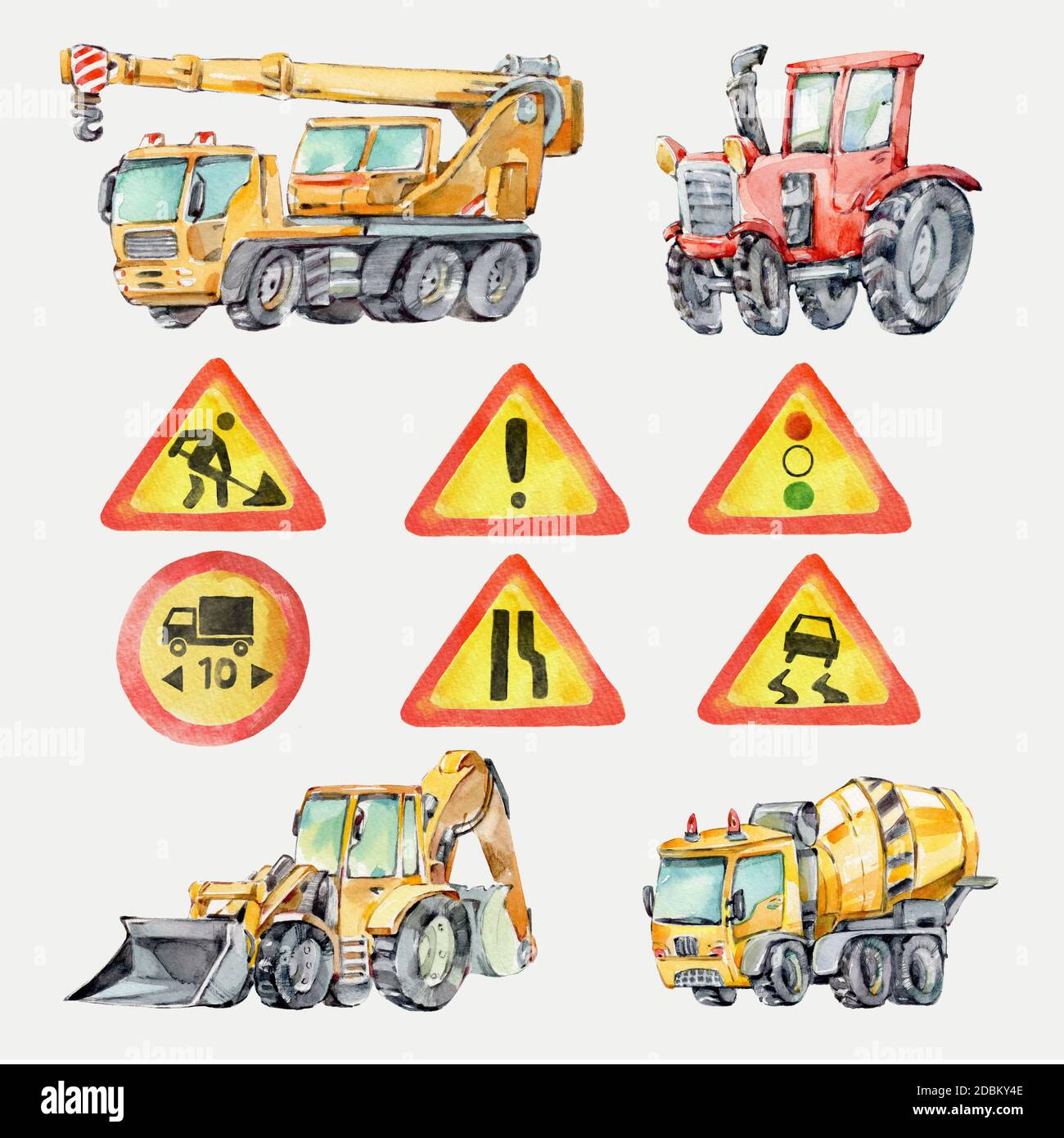 Watercolor colorful little toy Trucks, Cars and Road Signs. Watercolor Grunge Background for Kids. Red tractor, Excavator, Digger machine, Building ma Stock Photo