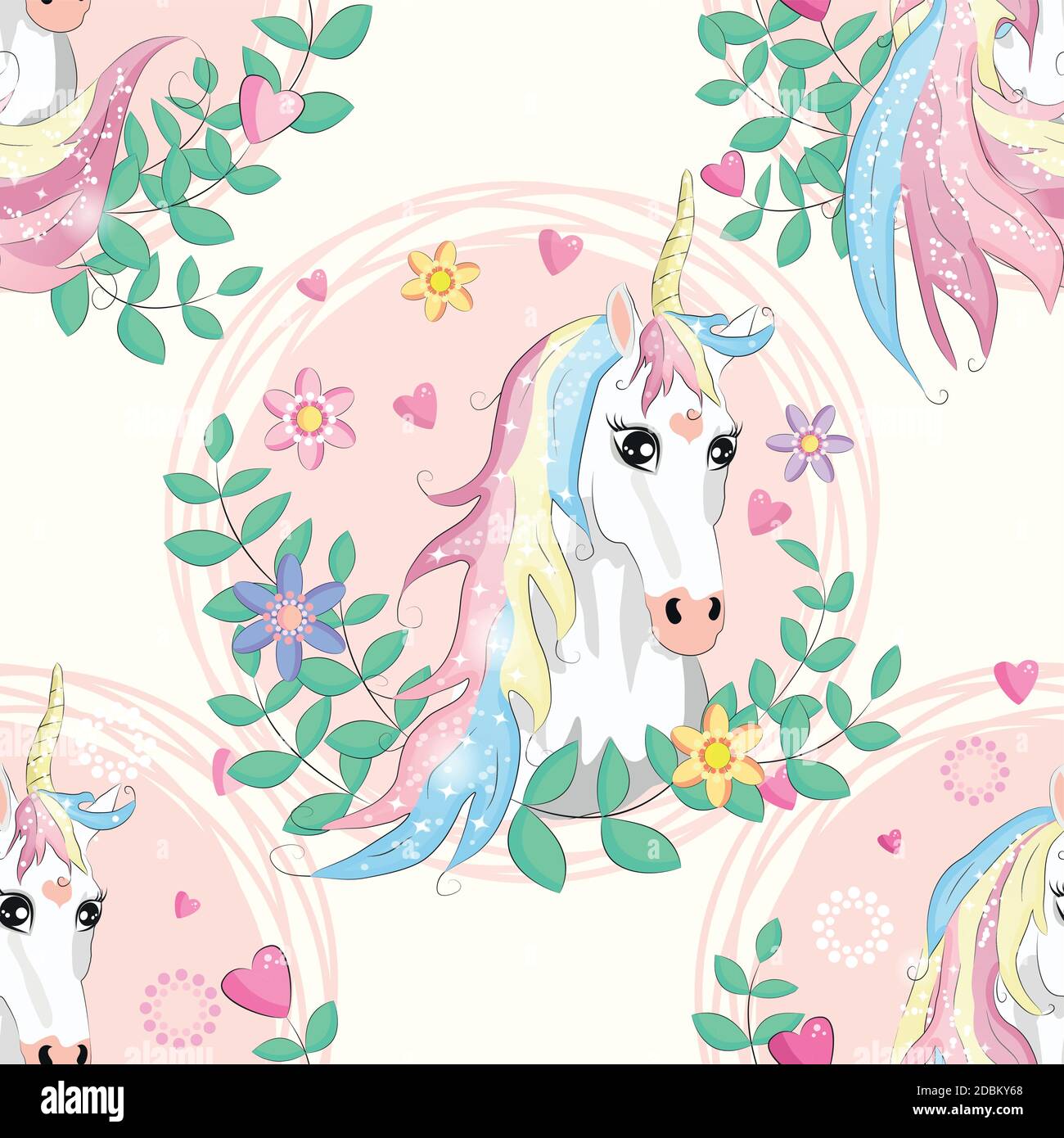 Seamless pattern with unicorns, donuts rainbow, confetti and other elements Stock Vector