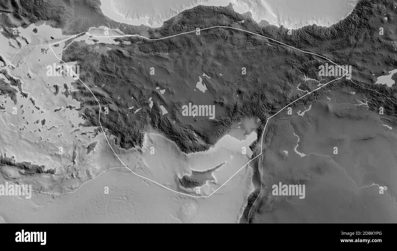 Outline of the Anatolian tectonic plate with the borders of surrounding plates against the background of a grayscale map. 3D rendering Stock Photo