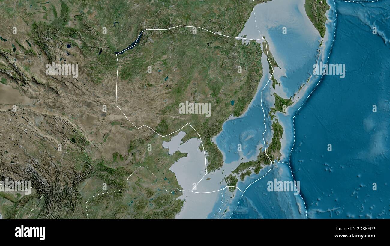 Outline of the Amur tectonic plate with the borders of surrounding plates against the background of a satellite map. 3D rendering Stock Photo