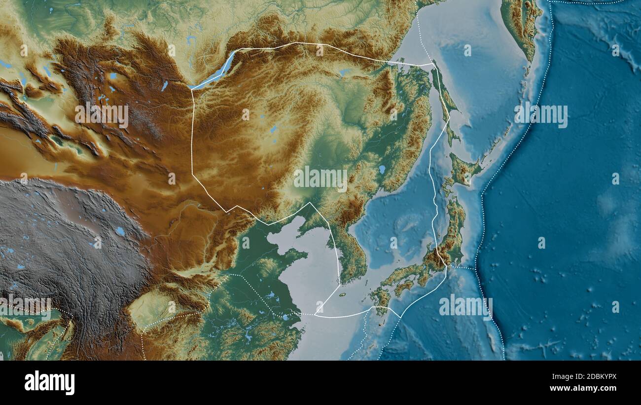 Outline of the Amur tectonic plate with the borders of surrounding plates against the background of a relief map. 3D rendering Stock Photo