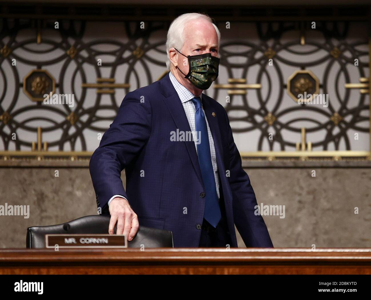 Washington, USA. 17th Nov, 2020. U.S. Senator John Cornyn (R-TX) arrives at a Senate Judiciary Committee hearing titled, 'Breaking the News: Censorship, Suppression, and the 2020 Election,” on Facebook and Twitter's content moderation practices, on Capitol Hill in Washington, U.S., November 17, 2020. (Photo by Hannah McKay/Pool/Sipa USA) Credit: Sipa USA/Alamy Live News Stock Photo