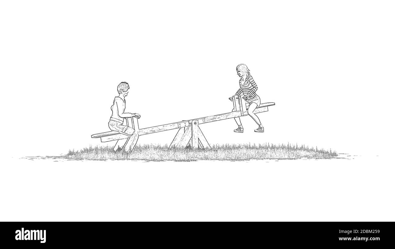 Pencil drawing - Children on a seesaw - isolated on white background ...