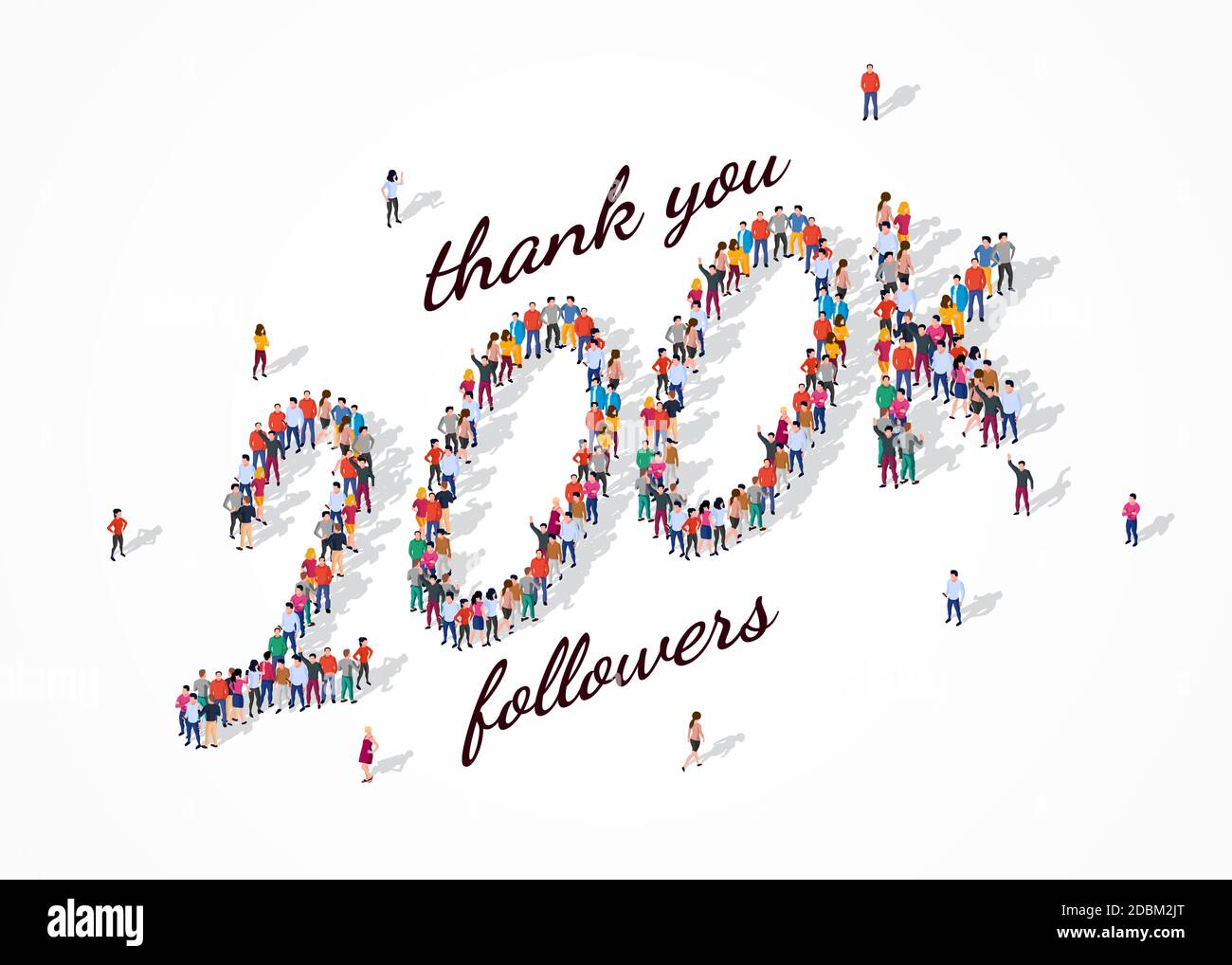 200K Followers. Group of business people are gathered together in the shape of 200000 word, for web page, banner, presentation, social media, Crowd of little people. Teamwork. Stock Vector