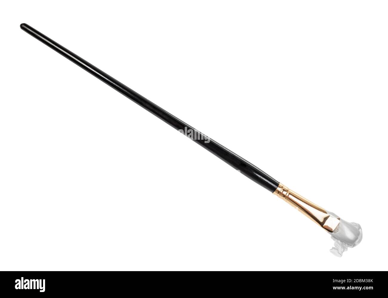 narrow paint brush with silver colored tip in blot and brown handle