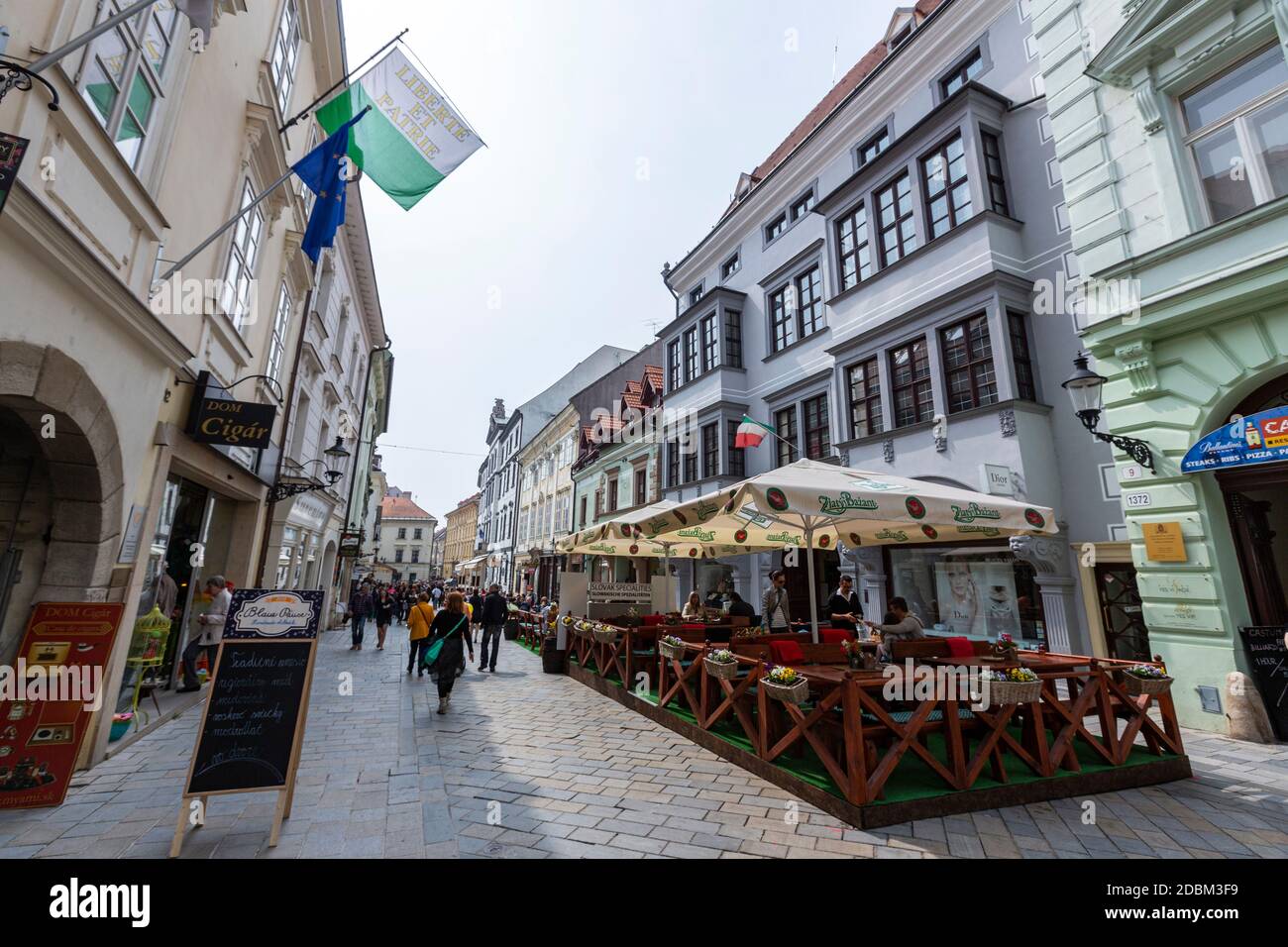 Bar and restaurant terraces in Michalská , Old Town, Bratislava, Slovakia Stock Photo